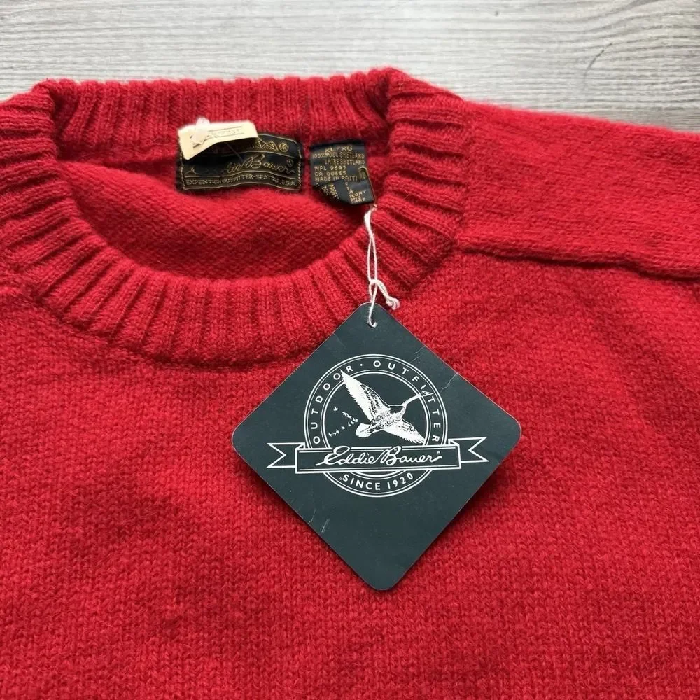 VTG 80s Eddie Bauer 100% Shetland Wool Red Crew Neck Sweater Mens XL NWT